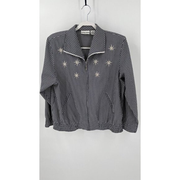 Alfred Dunner Jacket 12P Navy Plaid Embroidered Stars Sequins Zip Shoulder Pads - Picture 1 of 11